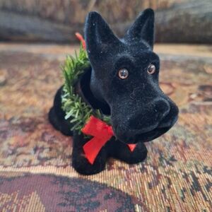 Vtg Flocked Black Scottie Dog Bobble Head Nodder Christmas Wreath Sit Or Hang